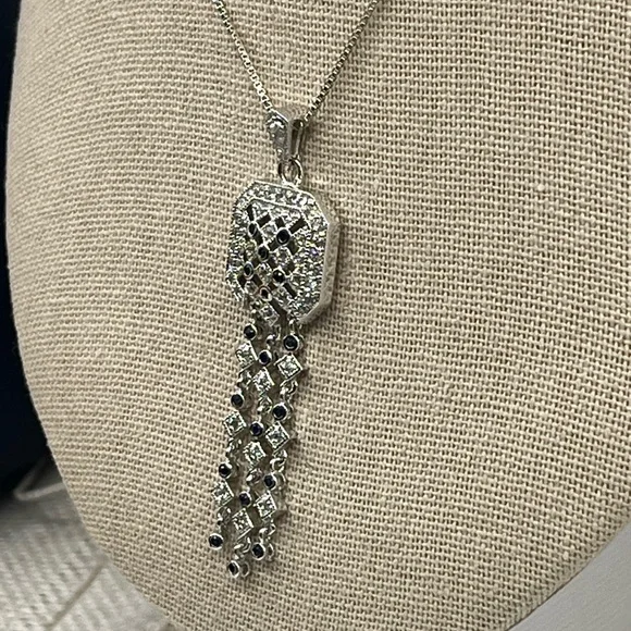 Technibond Platinum Sterling Silver & Blue Sapphire CZ Pendant Necklace - Picture 12 of 17